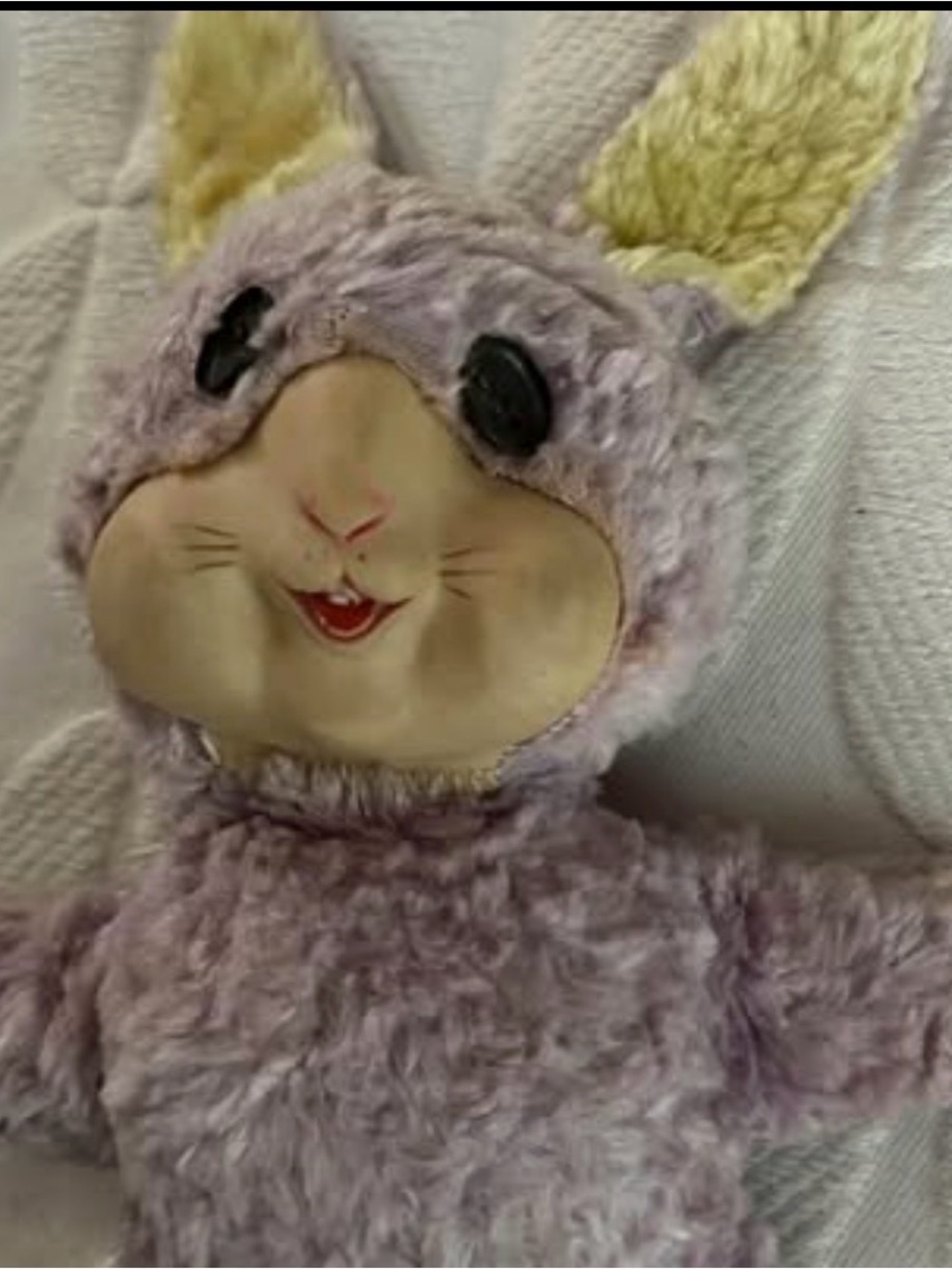Vintage Plush Bunny Rabbit Doll in Lavender with Yellow Ears. Rubber face. - Picture 2 of 5